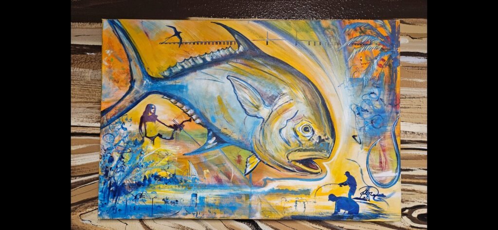 Original fishing-inspired painting with large fish and figures